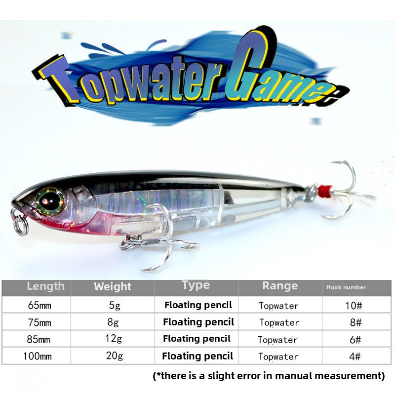 The inner laser bait is cast far to the water surface, and the 5g8g word dog luya bait floats, pencil, tilted mouth perch hard bait